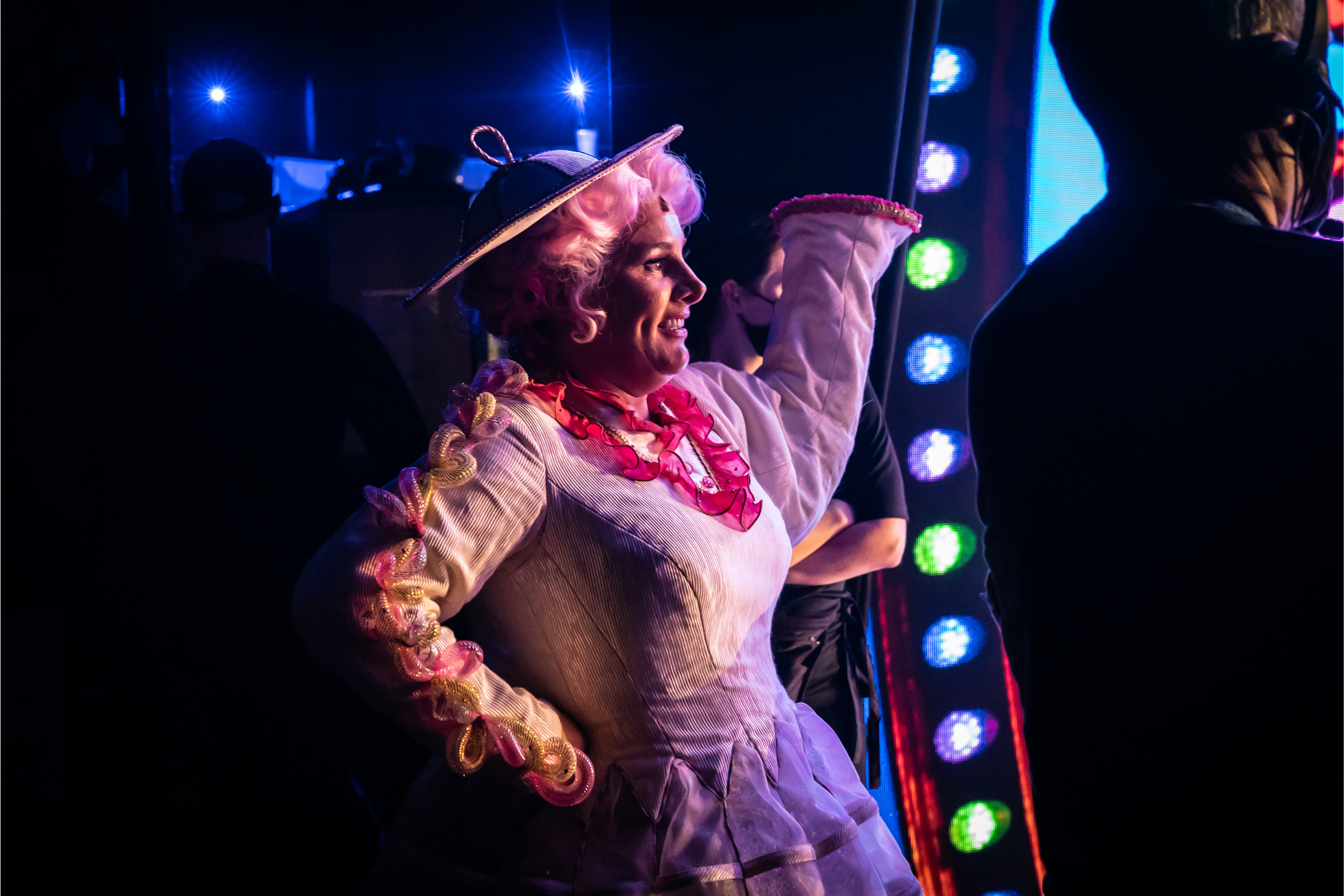 Sam Baily on stage as Mrs Potts 